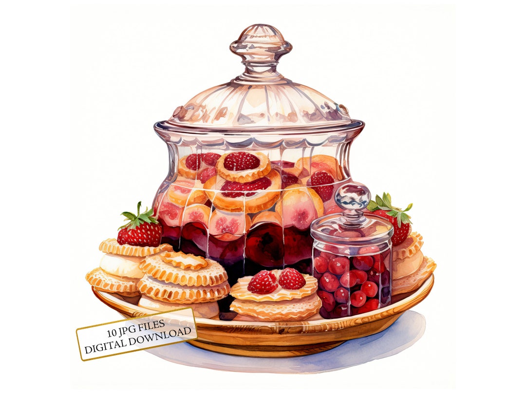Vintage Jam Jar With Jam Tarts Clipart Bundle 10 High Quality Watercolor Jpgs Dessert Art, Junk