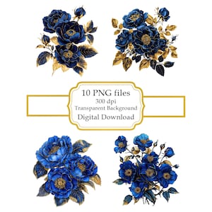Blue Gold Wild Roses PNG Clipart Bundle- Digital Download