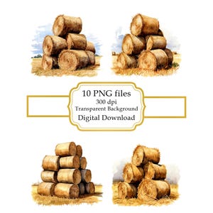 Pacchetto di clipart PNG con balle di fieno accatastate su un campo - Download digitale