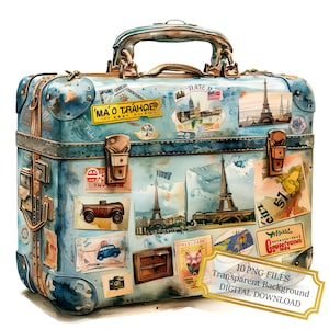 Vintage Suitcase with Travel Stickers PNG Clipart Bundle- Digital Download