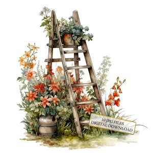 Escalera de madera en un jardín primaveral (10 imágenes en acuarela de alta calidad) - Manualidades, diarios basura, álbumes de recortes, descarga digital