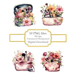 Pacote de clipart PNG de bolsa de maquiagem floral - download digital