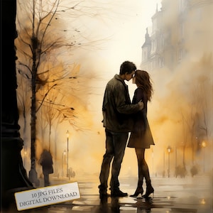 Paquete de imágenes prediseñadas de una pareja besándose en una calle con niebla: 10 imágenes en acuarela de alta calidad (JPG). Arte de amor, diario, material para álbumes de recortes, descarga digital.