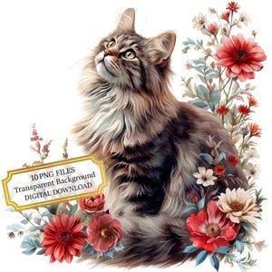 花柄の猫のポートレートクリップアートバンドル - 10種類の高品質水彩PNG - 猫アート、クラフト、ジャーナリング、スクラップブック用品、デジタルダウンロード