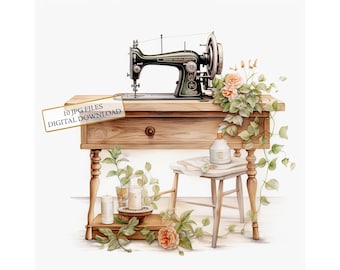 Vintage Floral Sewing Machine Clipart Bundle- 10 High Quality Watercolor JPGs- Crafting, Junk Journaling, Scrapbook, Digital Download