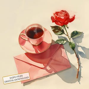 Carta de amor rosa com rosa e chá Clipart Bundle - 10 aquarela JPG de alta qualidade - Artesanato, diário, suprimentos para scrapbook, download digital