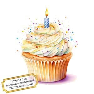 Pacote de clipart de cupcake de aniversário - 10 PNGs de aquarela de alta qualidade - Festa, artesanato, diário, material para scrapbook, download digital
