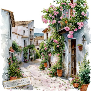 Oud Spaans dorp begroeid met bloemen clipartbundel-10 hoge kwaliteit aquarel jpg's-craft, journaling, scrapbook, digitale download