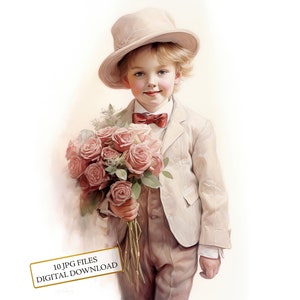 Paquete de imágenes prediseñadas de un niño pequeño vintage con un ramo de rosas: 10 imágenes en acuarela de alta calidad (JPG). Material para diario, álbumes de recortes y descarga digital.