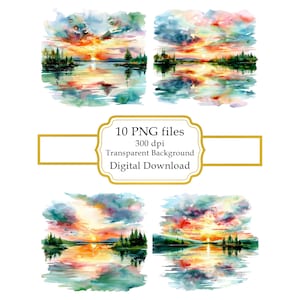 Paquete de imágenes PNG de atardeceres coloridos reflejándose en el lago - Descarga digital