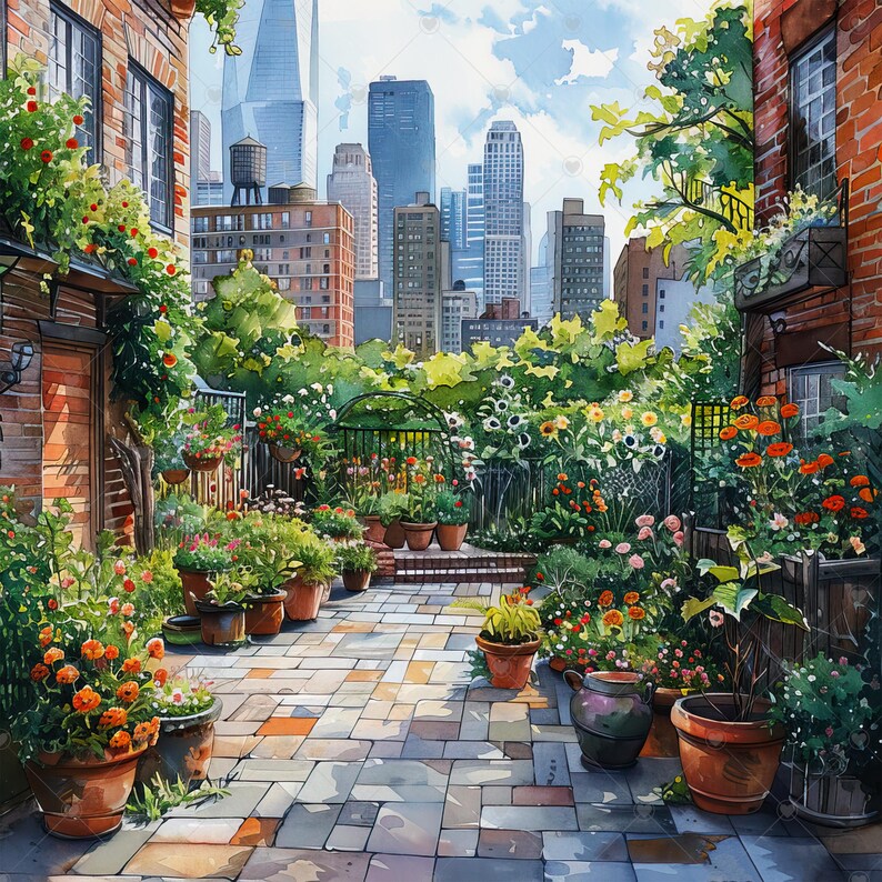 Cozy Urban Garden Among Skyscrapers JPG Clipart Bundle- Digital Download image 2