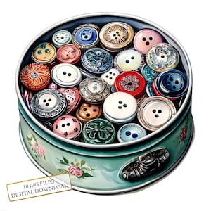 Vintage blikken doos vol met naaiknoppen clipartbundel-10 hoge kwaliteit aquarel jpg's-journaling, scrapbookingateliers, digitale download