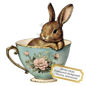 Adorabile coniglietto in una tazza da tè vintage - 10 PNG acquerellati di alta qualità - Artigianato, journaling, scrapbooking, download digitale