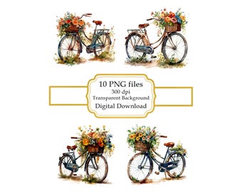 Paquete de imágenes prediseñadas de bicicleta con cesta de flores (descarga digital)