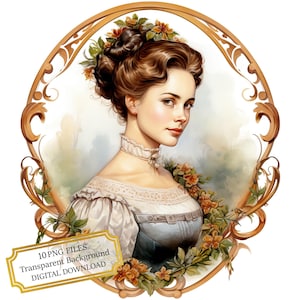 Vintage Lady Portrait Clipart Bundle- 10 High Quality Watercolor PNGs- Journaling, Scrapbooking, Digital Download