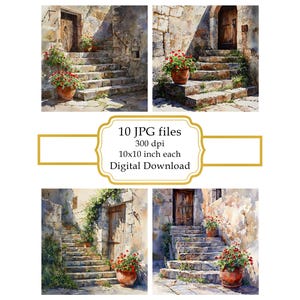 Vecchie scale in pietra mediterranea con vaso di fiori JPG Clipart Bundle - Download digitale