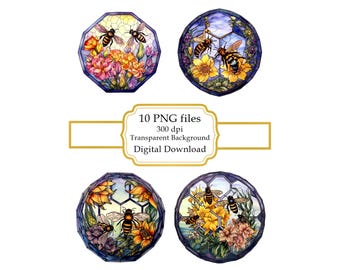 Bee Floral Stained Glass PNG Clipart Bundle- Digital Download