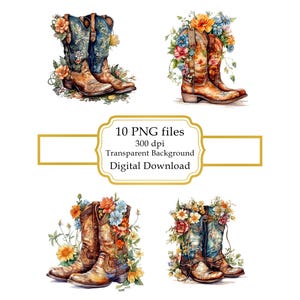 Cowboy Boots with Flowers PNG Clipart Bundle- Digital Download