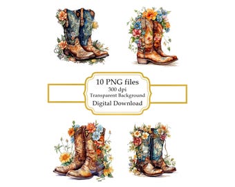 Cowboy Boots with Flowers PNG Clipart Bundle- Digital Download