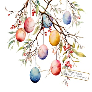 Paquete de imágenes prediseñadas de huevos de Pascua colgando de ramitas: 10 imágenes en acuarela de alta calidad (JPG). Material para manualidades, diarios, álbumes de recortes y descarga digital.