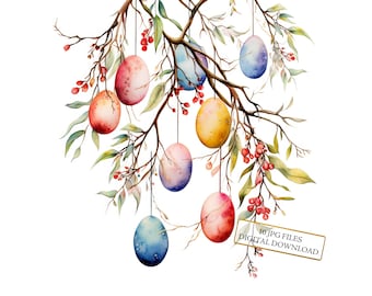 Easter Eggs Hanging from Twigs Clipart Bundle- 10 High Quality Watercolor JPGs- Crafting, Journaling, Scrapbook Supply, Digital Download