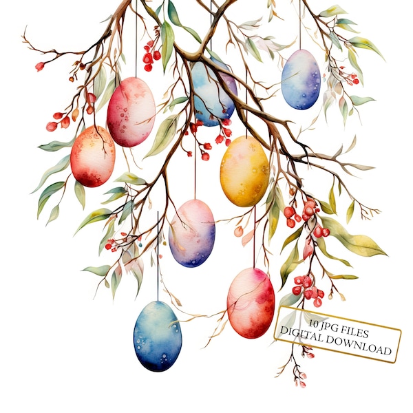 Easter Eggs Hanging from Twigs Clipart Bundle- 10 High Quality Watercolor JPGs- Crafting, Journaling, Scrapbook Supply, Digital Download