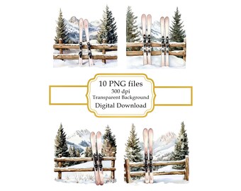 Pair of Skis in Snowy Scenery PNG Clipart Bundle- Digital Download