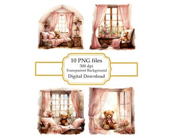 Pink Nursery with Teddy Bear PNG Clipart Bundle- Digital Download