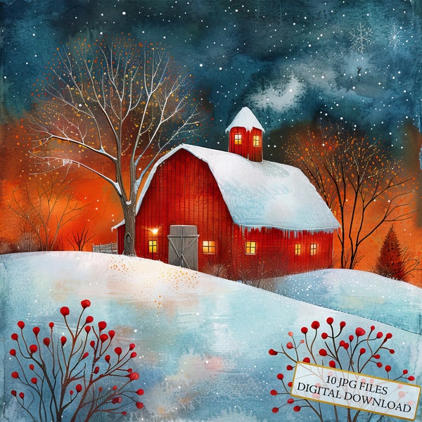 Sunrise After Snowstorm with Red Barn in Winter Clipart Bundle- 10 High Quality Watercolor JPGs- Craft, Scrapbook Supply, Digital Download