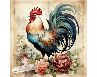 Shabby Chic Rooster with Flowers Clipart Bundle- 10 High Quality Watercolor JPGs- Journaling, Scrapbook Supply, Digital Download