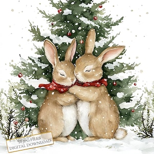 Bunnies mignons câlins par un pin Clipart Bundle - 10 JPG aquarelles de haute qualité - Noël, journalisation, scrapbooking, téléchargement numérique