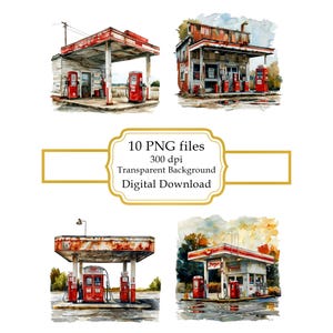 Retro tankstation PNG-clipartbundel - digitale download