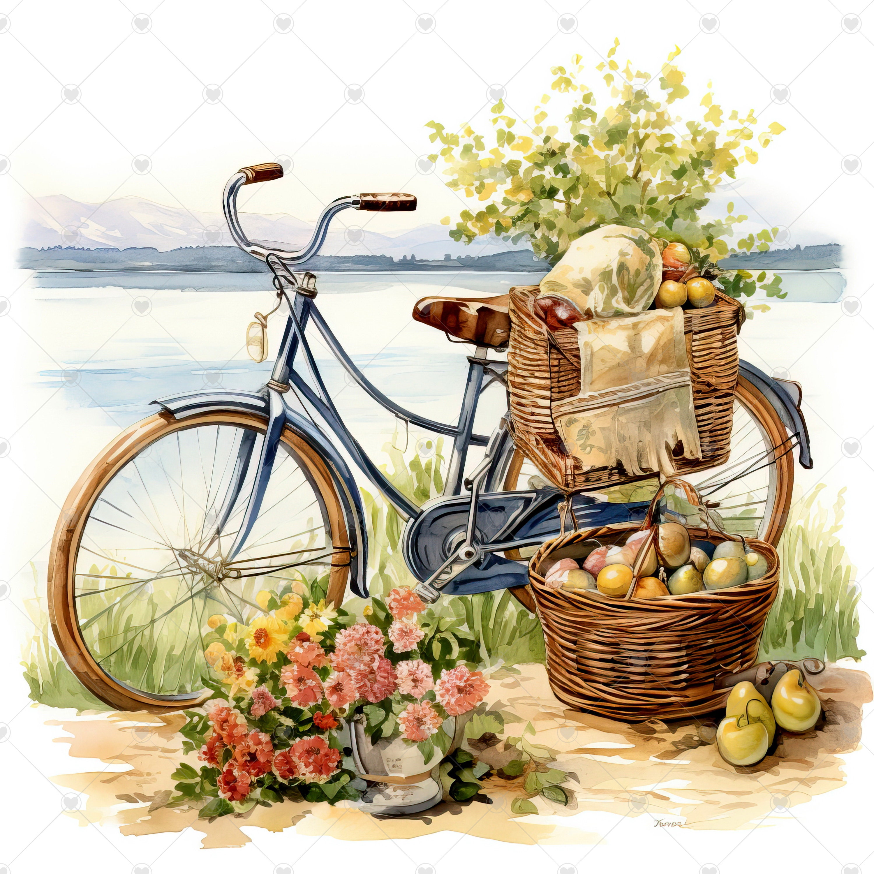 Bicycle With Picnic Basket Scenery Clipart Bundle 10 High - Etsy