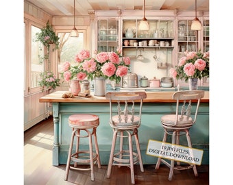 Shabby Chic Retro Blue Kitchen JPG Clipart Bundle- Digital Download