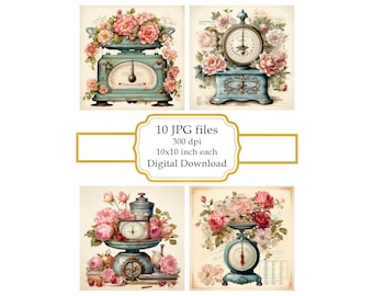 Shabby Chic Retro Keukenweegschaal JPG Clipartbundel - Digitale Download