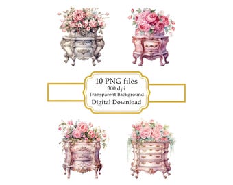 Ornate Rococo Dresser with Pink Roses PNG Clipart Bundle- Digital Download