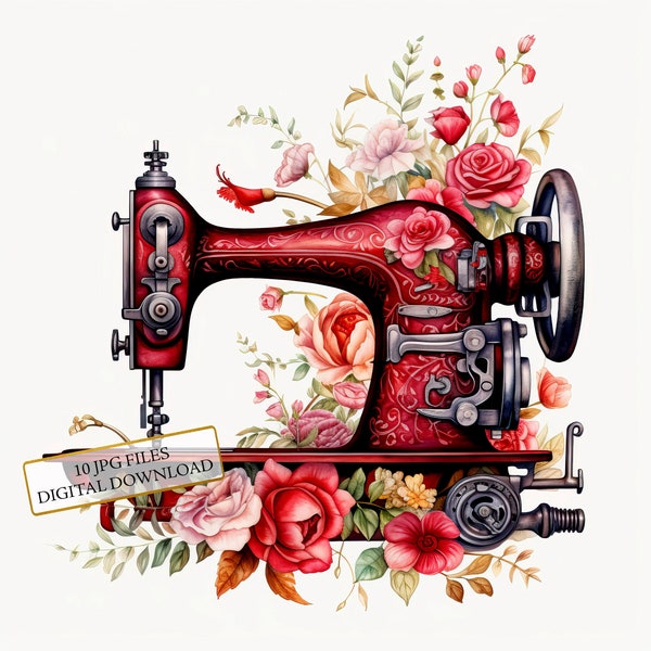 Antique Red Floral Sewing Machine Clipart Bundle- 10 High Quality Watercolor JPGs- Crafting, Junk Journaling, Scrapbook, Digital Download