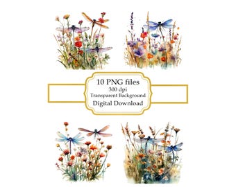 Dragonflies and Wildflowers PNG Clipart Bundle- Digital Download
