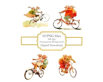 Adorable Old Couple Bicycling PNG Clipart Bundle- Digital Download