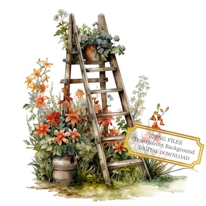 Wooden Step Ladder in Spring Garden Clipart Bundle- 10 High Quality Watercolor PNGs- Crafting, Junk Journaling, Scrapbook, Digital Download