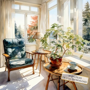Pacchetto clipart Sitting Nook by the Windows - 10 JPG ad acquerello di alta qualità - Download digitale di forniture per arte, journaling e album per la casa accogliente