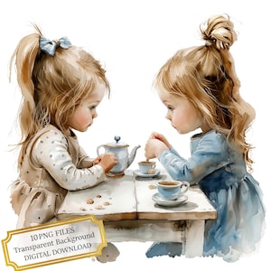 Kleine Mädchen Teeparty Clipart Bundle - 10 hochwertige Aquarell PNGs - Basteln, Journaling, Scrapbook Versorgung, digitaler Download
