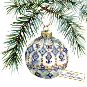 Ornamento di Natale su ramo di pino Clipart Bundle-10 JPG ad acquerello di alta qualità- Inverno, Journaling, Scrapbook Supply, Download digitale