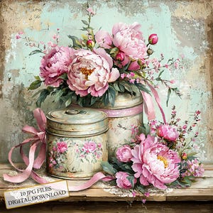 Bundle de cliparts rétro shabby chic et pivoines - 10 fichiers JPG aquarelles de haute qualité - créations, tenues de livres, fournitures de scrapbooking, téléchargement numérique