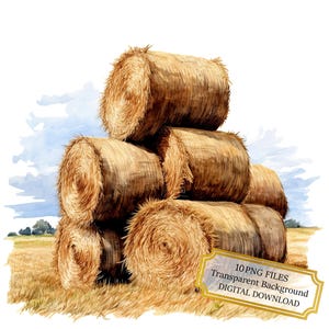 Hay Bales Stacked on a Field PNG Clipart Bundle- Digital Download