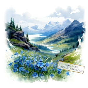 Collines de montagne avec des fleurs de myosotis Clipart Bundle-10 JPG aquarelles de haute qualité - journalisation, fourniture de scrapbooking, téléchargement numérique
