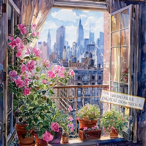Vista di New York da un balcone floreale rosa Clipart Bundle - 10 JPG acquerelli di alta qualità - Journaling, Scrapbooking, Download digitale