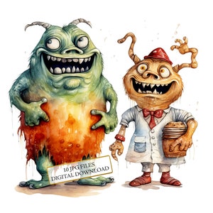 Süßes und gruseliges Halloween-Monster Clipart Bundle - 10 hochwertige Aquarell JPGs - Herbst Kunst, Journaling, Scrapbooking, digitaler Download