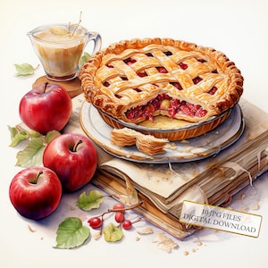 Pacote de clipart de torta de maçã - 10 JPGs de aquarela de alta qualidade - Arte de cozinha caseira, diário de lixo, álbum de recortes, download digital