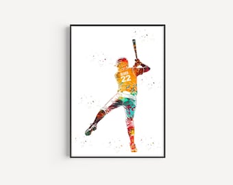 Male Softball Player, Personalized Name and Number, Sport, Watercolor Art Gift, Printable Poster